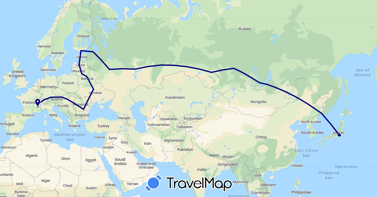 TravelMap itinerary: driving in Austria, Belarus, Switzerland, Germany, Estonia, Finland, France, Hungary, Japan, Lithuania, Latvia, Romania, Russia, Ukraine (Asia, Europe)